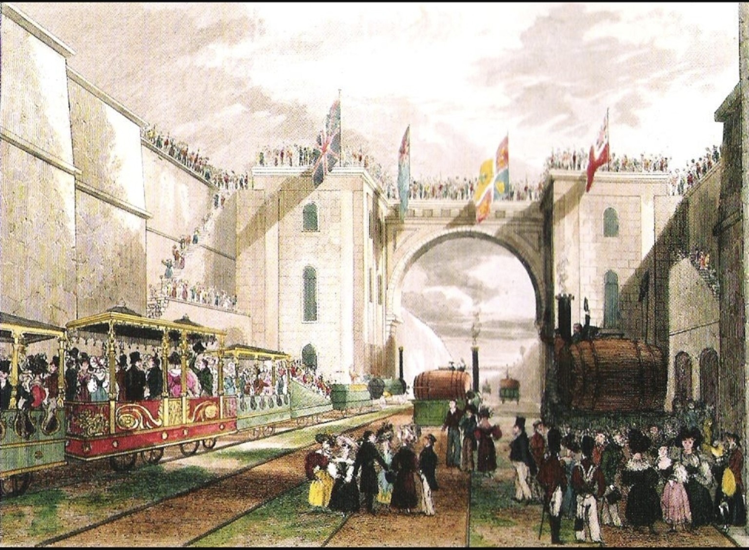 Period illustration of early railway operation at Edge Hill beneath the Moorish Arch.