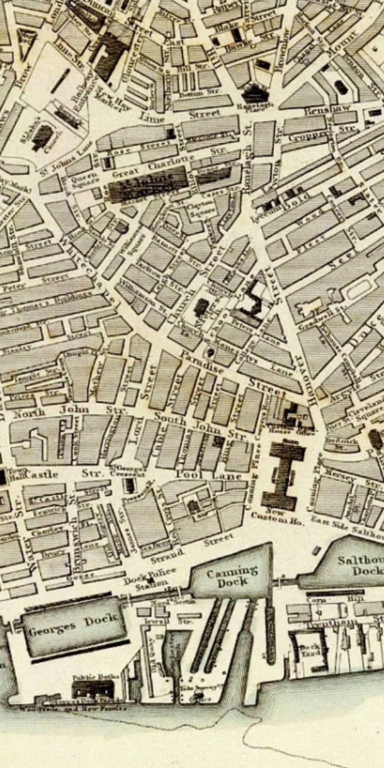 Historic map crop of central Liverpool showing Castle Street, Lord Street, Church Street, Paradise Street, Pool Lane and the docks.