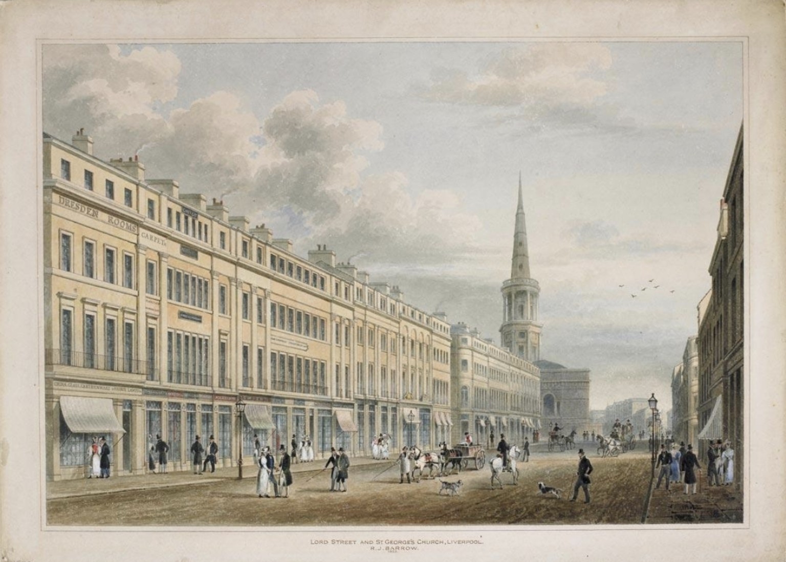 Robert Irving Barrow’s 1828 view of Lord Street and St George’s Church, showing shopfronts, pedestrians and horse-drawn traffic.